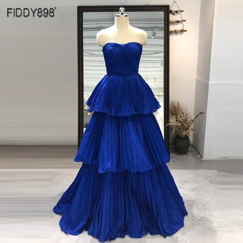 Royal Blue Evening Gowns For Women A-line Strapless Pleated Party Wear Long Dresses Tiered Skirt Elegant Formal Dress Ball