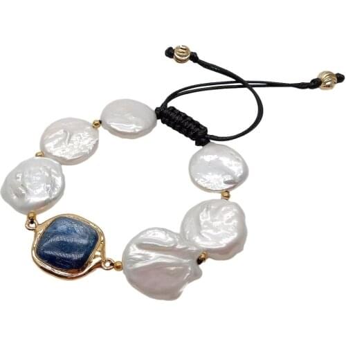 YYGEM 8" Natural White Coin Freshwater Pearl Square Blue kyanite pave gold filled Adjustable Bracelet