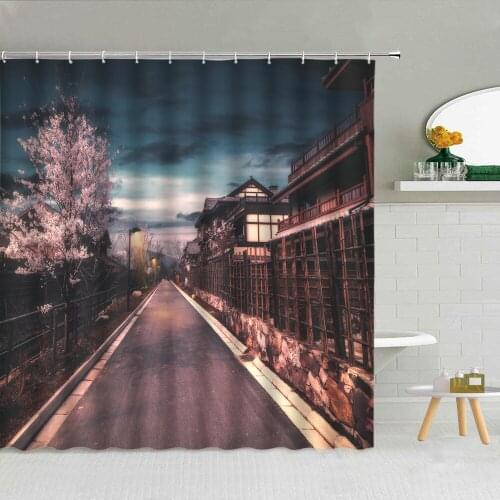 Japanese Village Street Scenery Shower Curtain Old Building Cherry Blossom Mount Fuji Kanagawa Big Wave Bathroom Decor Curtains