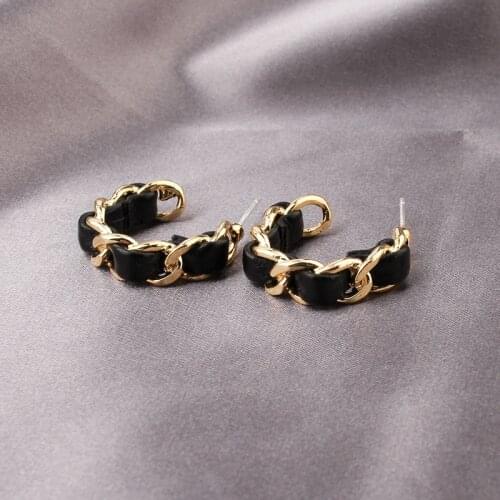TIMEONLY Exaggeration Twisted Chain Black Leather Earrings for Women Gold Color Alloy Link Open Hoop Earrings Bijoux Femme 2020