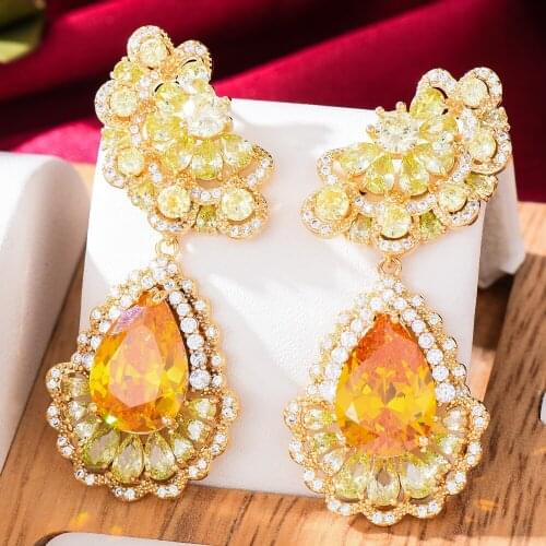 Brand Trendy Office Yellow CZ Drop Earring For Women Wedding Cubic Zirconia Dubai Bridal Earrings Costume Jewelry Summer Party