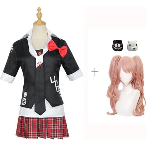 Girls Anime Danganronpa costume Cosplay Enoshima Junko Uniform Cafe Work Clothes Short Skirt Double Tail Braid Wig