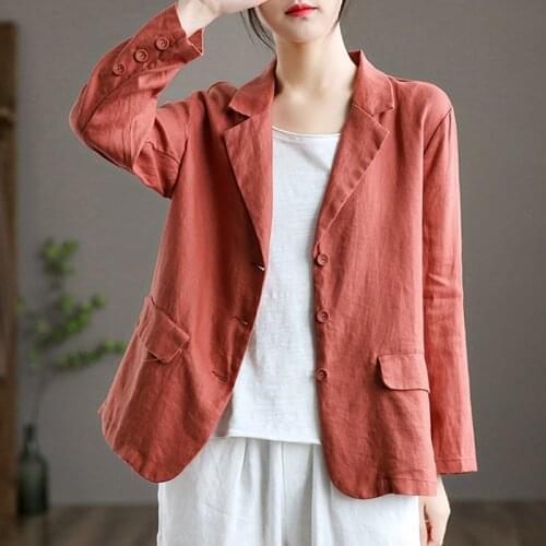 Johnature Women Casual Suit Coats Linen Tailored Collar Long Sleeve Solid Color Button Loose Tops 2021 Autumn New Vintage Coats