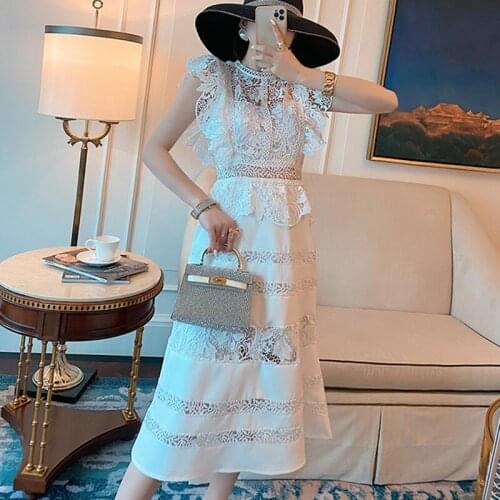Elegant Evening Dresses for Women Party Vintage 2021 Fashion Summer Embroidery Lace Hollow Out Woman Solid White Dresses Female