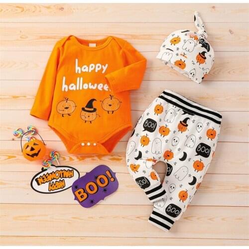 3PCS Sets Newborn Baby Boys Girls Clothes Toddler Kids Jumpsuit Halloween Pumpkin Letter Trousers Romper With Hat 3PCS Suit
