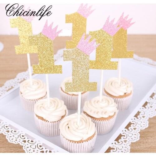 Chicinlife 5Pcs 1St First Happy Birthday Crown Cake Cupcake Toppers Anniversary Party baby shower Decorations supplies