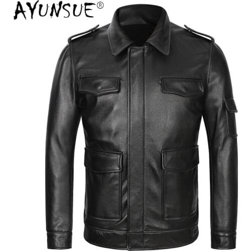 AYUSNUE 2020 Mens Genuine Leather Jacket Men Plus Size 100% Cowhide Leather Coat Mens Jackets and Coats Flight Jacket KJ5109