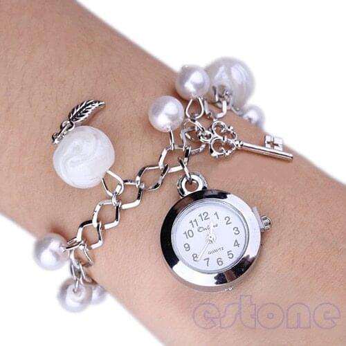 Women Girl Ladys Quartz Watch Popular Fashion Female Clock Charms Faux Pearl Bracelet Wrist Watch New