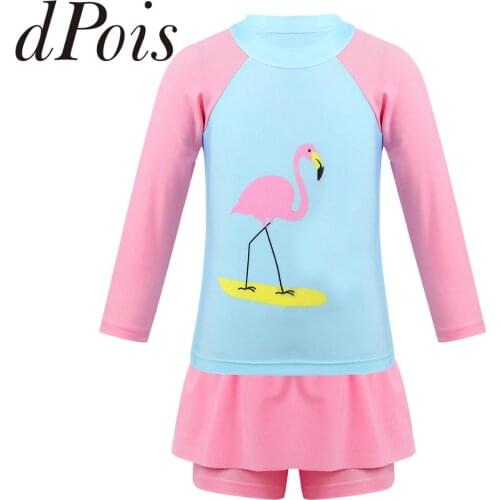 Kids Swimwear Two Piece Flamingo Swimsuit For Girls 2020 Summer Rashguard Tankini UPF 50+ Sun Protect Long Sleeves Top + Bottoms