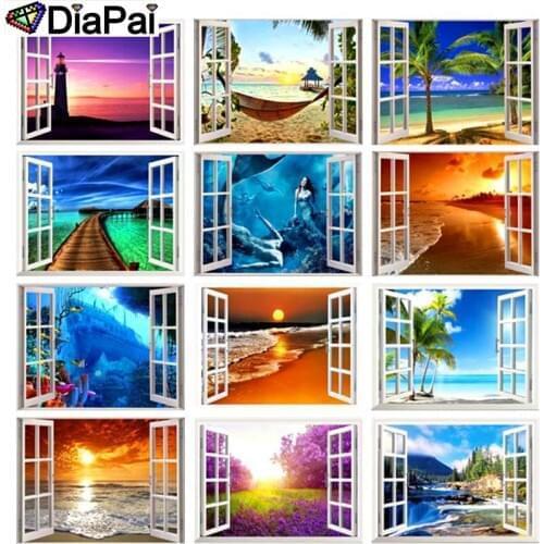 DIAPAI 100% Full Square/Round Drill 5D DIY Diamond Painting "Window sunset scenery" 3D Embroidery Cross Stitch Home Decor