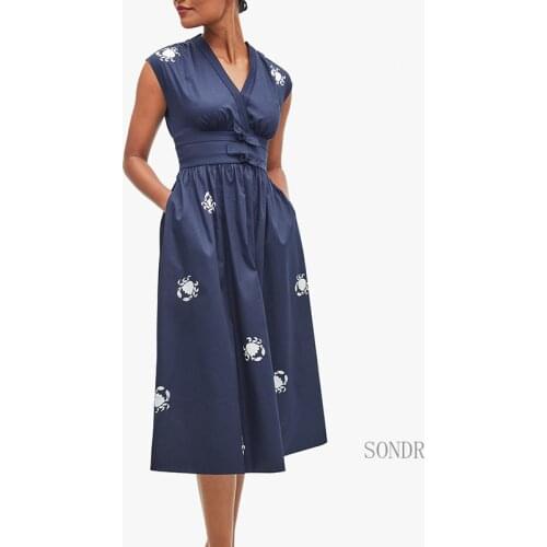 Elegant Midi Dress Women Vestido De Mujer 2021 Navy Blue V Neck Sleeveless Summer Dress Crab Pattern Bow High Waist Party Dress