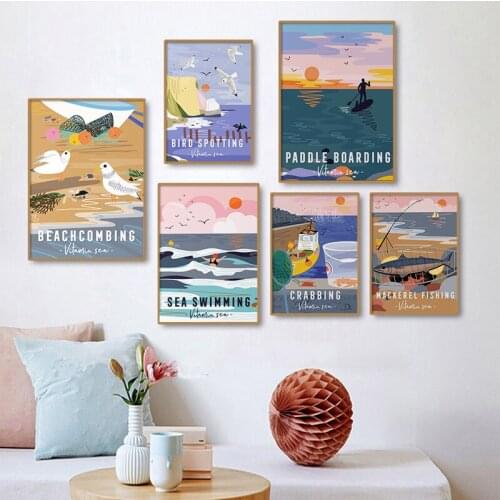 Nordic Beach Coastal Picture Home Decor Wall Art Canvas Painting Seaside Scenery Fishing Crabbing Poster Print for Living Room
