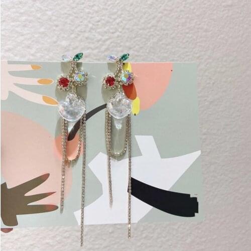 Korean Wholesale Luxury Bling Crystal Heart Long Rhinestone Tassel Drop Earings For Women Elegant Pendientes Jewelry