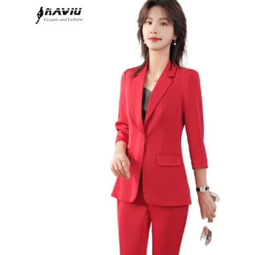 Red Half Sleeve Suits Women 2021 Spring Fashion Temperament Business Formal Slim Blazer And Pants Office Ladies Work Wear