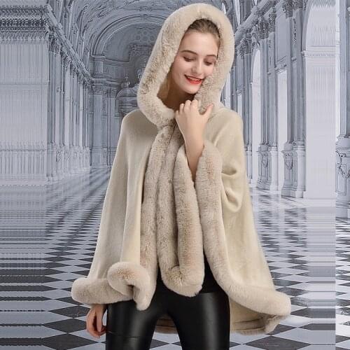 Fashion Loose Soft Faux Rex Rabbit Fur Poncho Shawl Hooded Outwear Women Cashmere Cardigan Cape Winter New Retail Wholesale