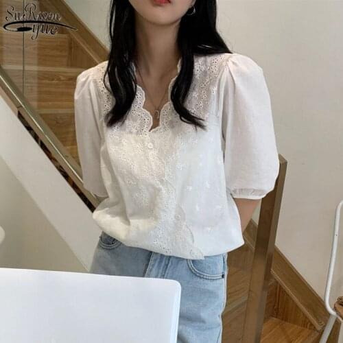 2021 New White Shirts Women Fashion Short Sleeve Shirt Hollow Tops Korean Chic Button Up Shirt Blusas Mujer Dropshipping 14275