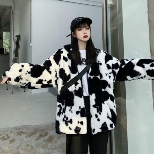 Autumn/Winter Korean Preppy Style Sweet Girl Coat Harajuku Vintage Cow Print High Street Girl Puff Sleeve Couple Sutfit Hoodie