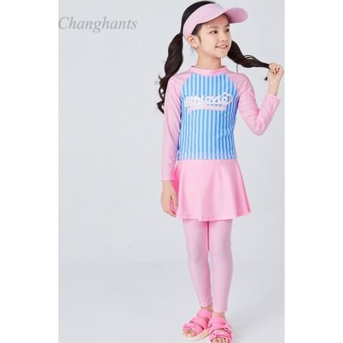 2-12Y Girls 2 Piece Swimwear Kids Long Sleeve Surfing Suit Children Rash Guard Teen Pink Swimsuit with Swim Cap Child Sandy Wear