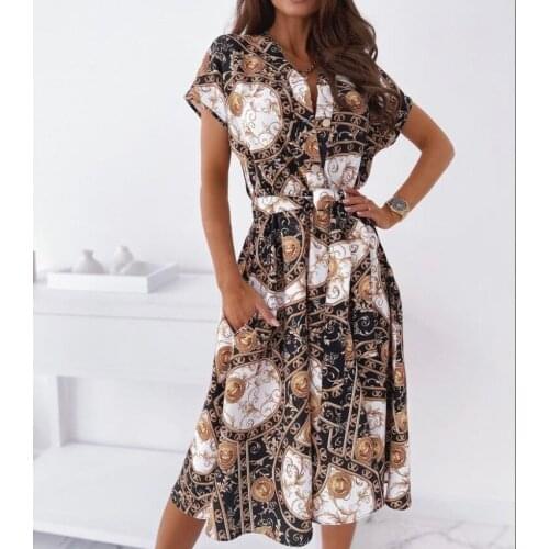 Puloru Elegant Fashion Women Tie-up High Wais Midi Dress Vintage Print V-neck Short Sleeve Flared A-Line Dress Office Lady Wear