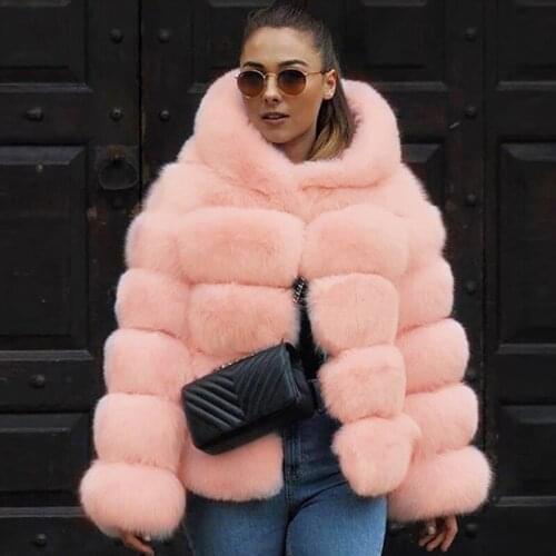 Casual Hooded Faux Fur Coat Plush Fluffy Pink Artifical Fur Jacket Female Winter Thick Imitated Fox Fur Jacket Soft Warm Coats