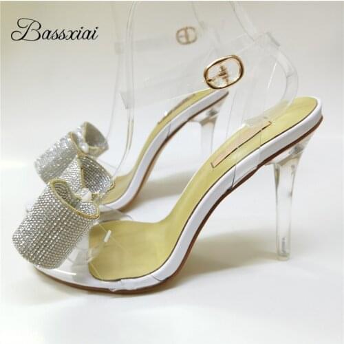 Clear PVC Transparent Ankle Strappy Sandals Women Crystal High Heel Jeweled Rhinestone Butterfly-Knot Summer Sandalias