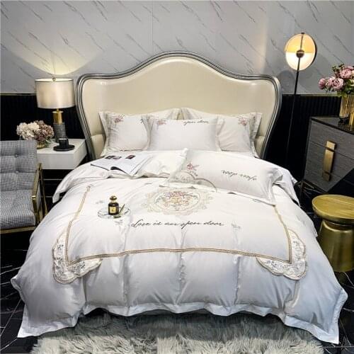 Luxury American Style Retro Flowers Embroidery Egyptian Cotton Soft Silky Bedding Set Duvet Cover Flat/Fitted Sheet Pillowcases