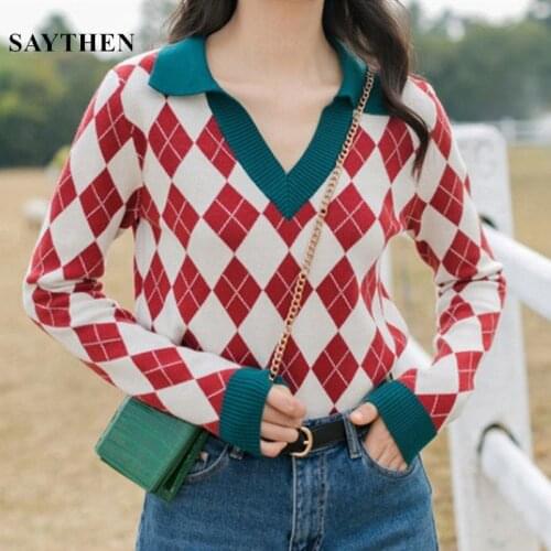SAYTHEN British Diamond Lattice Retro V-neck Long-Sleeved Short Pullover Knitted Sweater women Spring And Autumn Jacket Top 2021