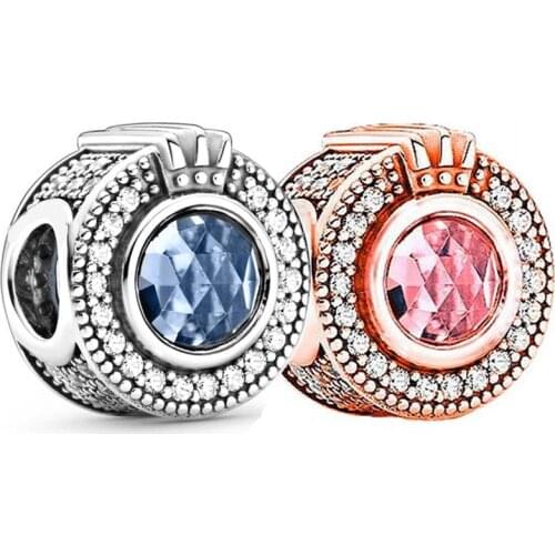 Original Rose Gold Sparkling Blue & Pink Crown O With Crystal Beads Fit 925 Sterling Silver Charm Bracelet Bangle Diy Jewelry