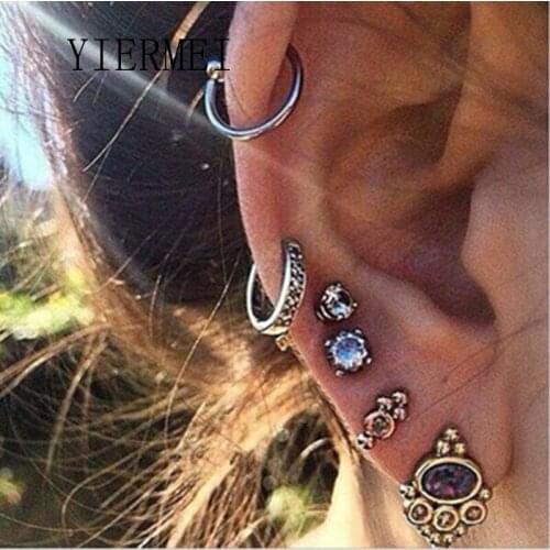 Korean Fashion Punk Style Purple Rhinestone Turtle Palm Moon Ancient White Fungus Nail Ear Clip Set Womens Jewelry