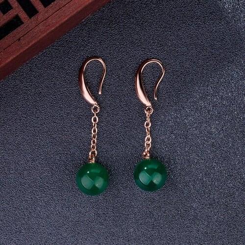 Vintage Ethnic Long Rose Gold Drop Earrings for Women Ball Green Agate Anniversary Gifts Jewelry Aretes De Plata De Ley Mujer