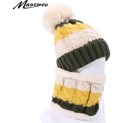 Knitted Warm Skullies Beanies Hat Ring Scarf Winter Thick Hats With Lining For Men Women Outdoor Solid Windproof Beanie Hat Cap