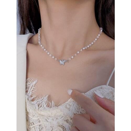 Kpop Vintage Collar Perlas Chain Egirl Harajuku Aesthetic Crystal Bead Woman Short Necklace Butterfly Charm Pearl Choker Jewelry