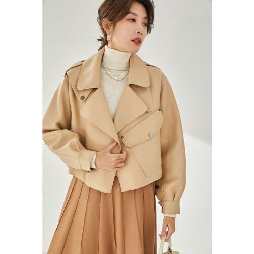 Sheep Leather Jacket Women Short Black Jacket 2021 Autumn Loose Soft Big Pocket Leather Elegant Epaulette Urban Casual Jacket