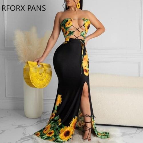 Women Clothes Sunflower Lace-up Bandeau Top & High Slit Maxi Skirt Set Casual Look for Women 2021