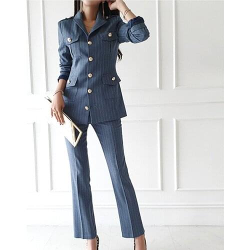 2020 Autumn Two Piece Set OL Office Womens Notched Collar Stripe Blazer Jacket&High Waist Pants Suit Female Wear Work Clothes