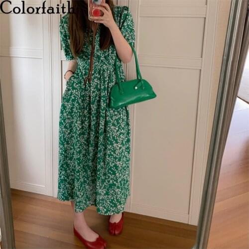 Colorfaith New 2021 Women Summer Dresses V-Neck High Waist Pockets Printed Floral Vintage Korean Style Lady Long Dresses DR848