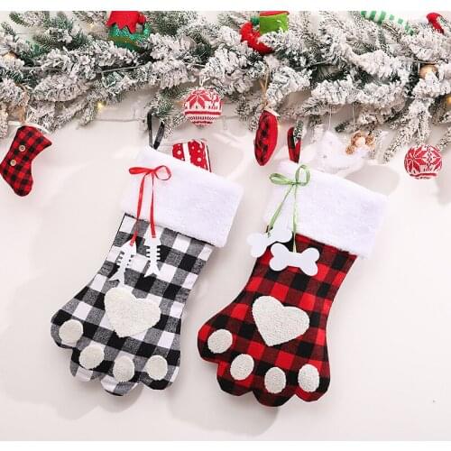 1pc/2pcs Merry Christmas Party Xmas Tree Hanging Decor New Year Red Black LatticeCartoon Cat Paw Stocking Sock Gift Candy Bags