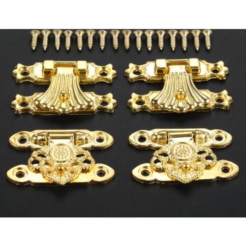 2Pcs Golden Box Latch Clasps Padlock Gold Flower shape Zinc Alloy Vintage Buckle w/screws Retro Wooden Jewelry Wine Gift Case