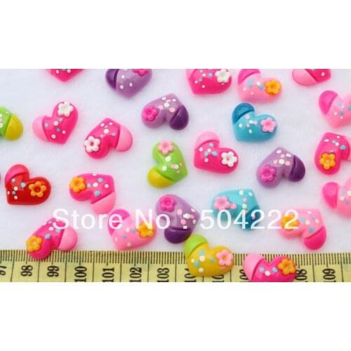 200pcs assorted Resin cute polk dots heart w/ flower Cabochons colorful 20x18mm