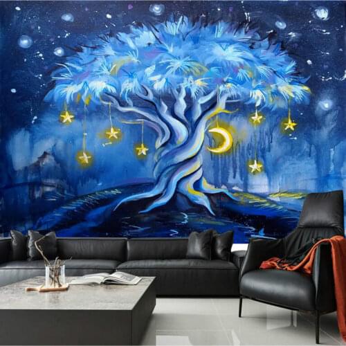 Cartoon Night View Blue Tree 3d Wallpaper for Childrens Room Wall Decoration Painting Home Improvement Nonwovens Wallpaper