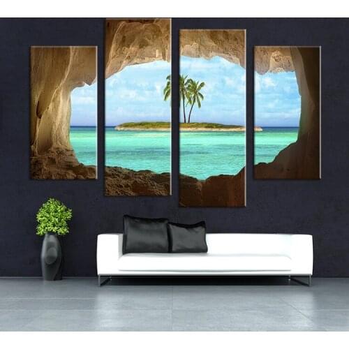 No framed 4PCS coconut trees island canvas painting for wall art decoration,oil wall painting picture
