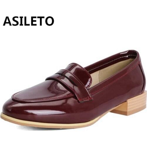 ASILETO New 2021 Flat Shoes Round Toe Patent Leather Slip-On Classic Simple Luxury Plus Size 30-48 Casual Office Wine B2377