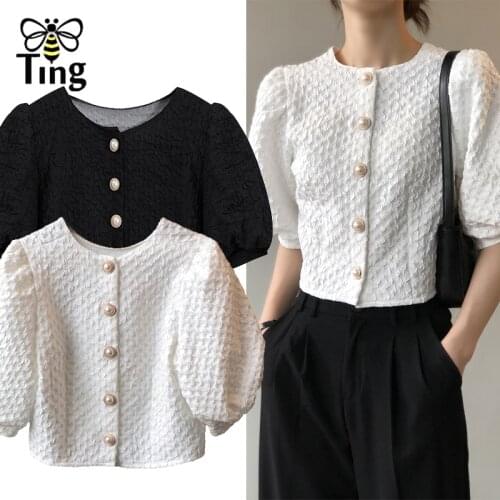Tingfly Designer Fashion Casual Short Blouse Puff Sleeve Single Breasted Button Blusas Streetwear Vintage Elegant Blouses Zaful