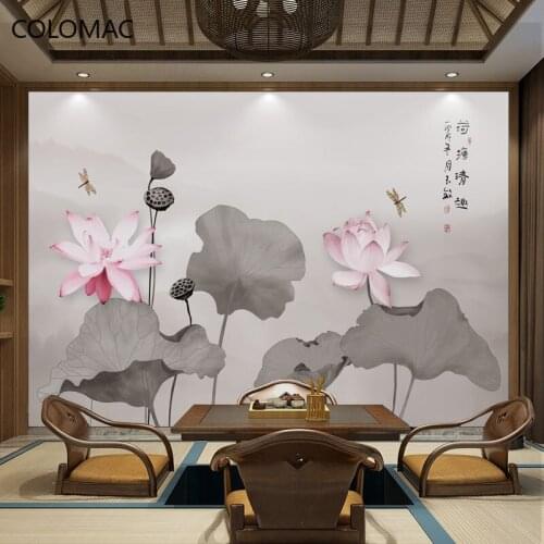Colomac Custom Chinese Hand-painted Lotus Wallpaper Living Room Television Background Mural Interior House Deco Drop Shopping