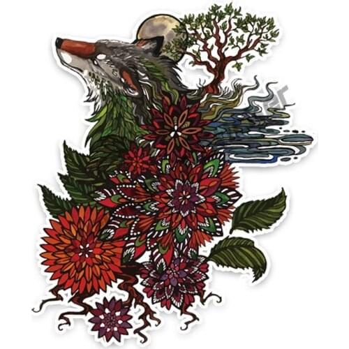 Beautiful Flowers and Wolf Reflective Decal Car Sticker for Phone Bumper Guitar Truck Window Scratch-Proof Exterior PVC13x10cm