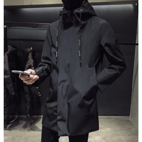 New Mens Black Trench Coat Hooded Windbreaker Coats M-4XL Casual Male Clothing Windproof Outwear