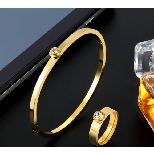 Luxury Stainless Steel Jewelry Sets Simple CZ Stone Bangle Ring Set For Bridal Women Wedding Party Brand Jewelry Accessories