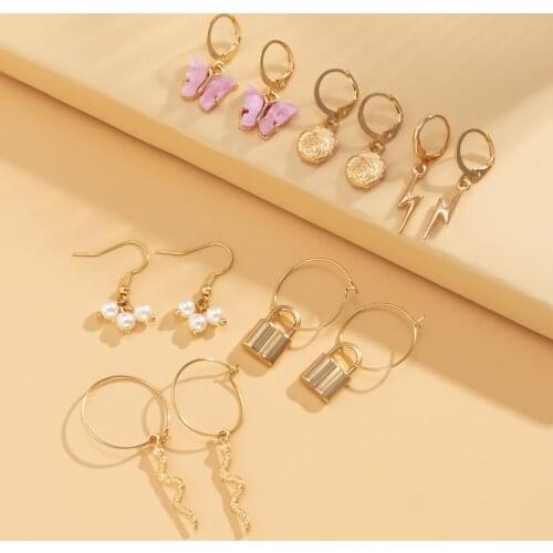 European and American Style Fashion Pearl Geometric Lock Pendant Set Earrings Retro Simple Acrylic Butterfly Ear Jewelry 2021