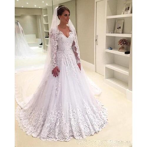 Vintage V-Neck Wedding Dress Lace Appliques Long Sleeves A-Line Dress Bridal Gown Formal Party Plus Sizes Vestido De Noiva 2020