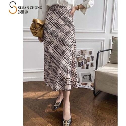 Women Skirt A-Line Trumpet Long 2021 Spring Summer Elegant High Waist Zipper Vintage Plaid Check Pattern Spliced French Romantic